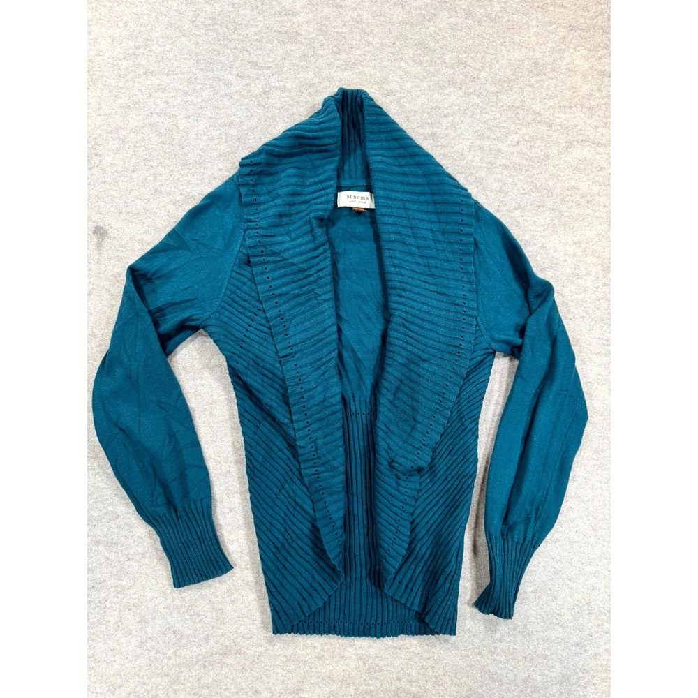 Sonoma Life Style Cardigan Sweater Womens M Teal Blue Shawl Collar Open Front
